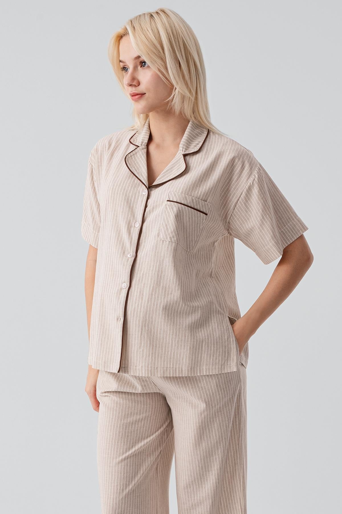 Kısa Kollu Düğmeli Çizgili Dokuma %100 Pamuk Pijama Takım 19208