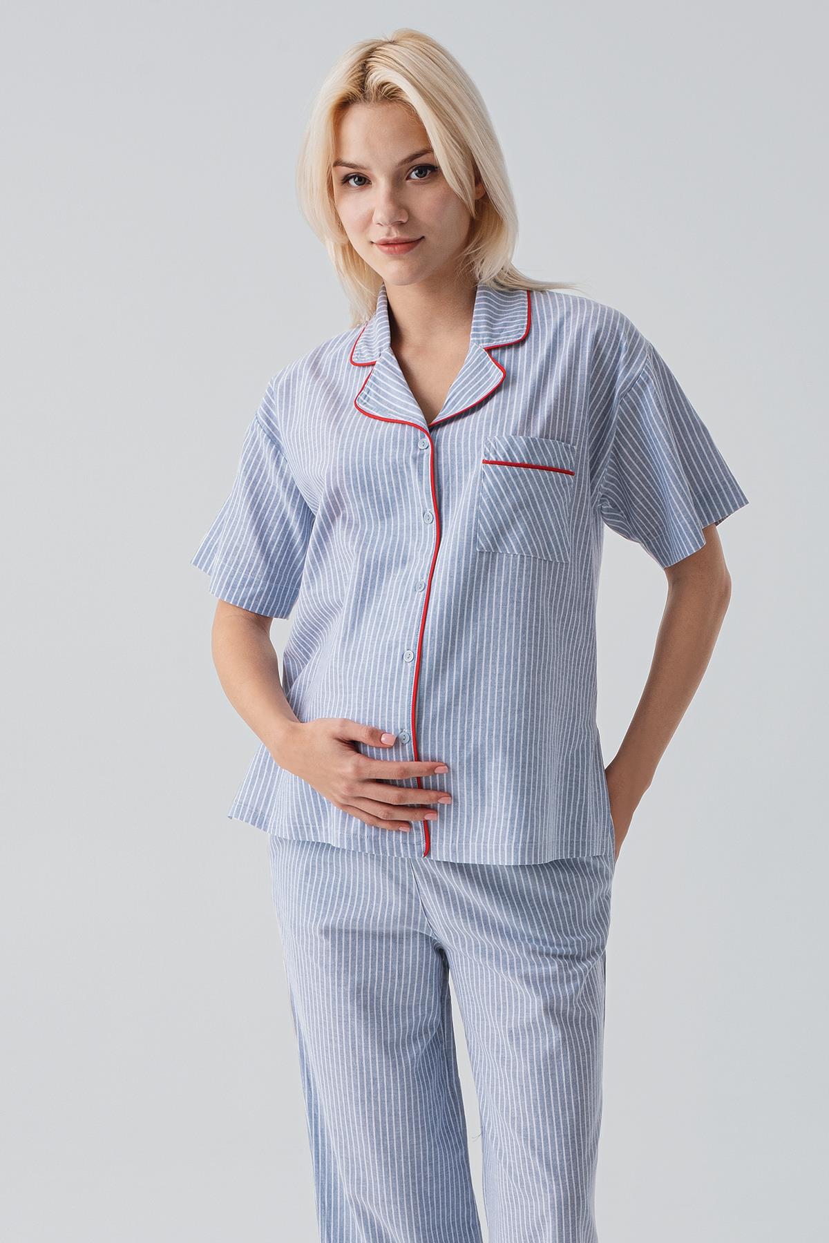 Kısa Kollu Düğmeli Çizgili Dokuma %100 Pamuk Pijama Takım 19208