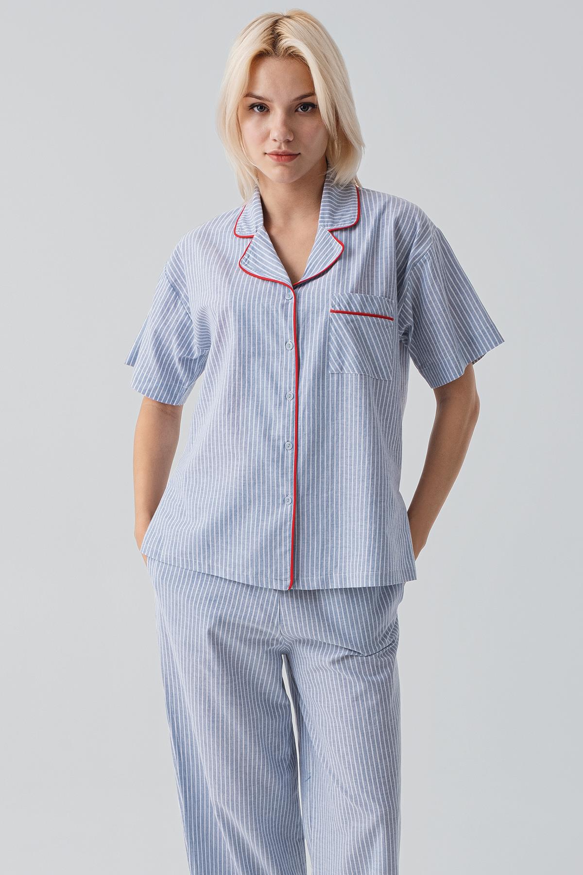 Kısa Kollu Düğmeli Çizgili Dokuma %100 Pamuk Pijama Takım 19208