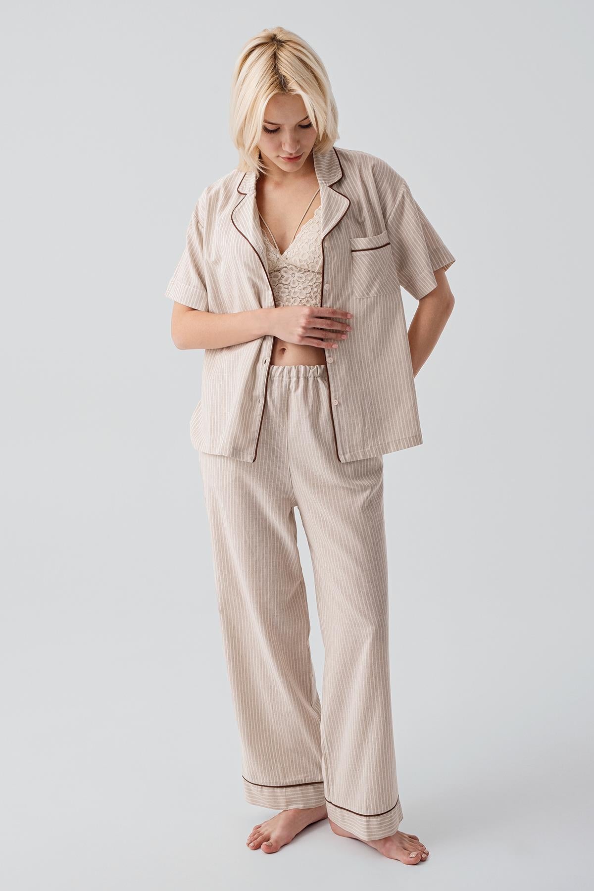 Kısa Kollu Düğmeli Çizgili Dokuma %100 Pamuk Pijama Takım 19208