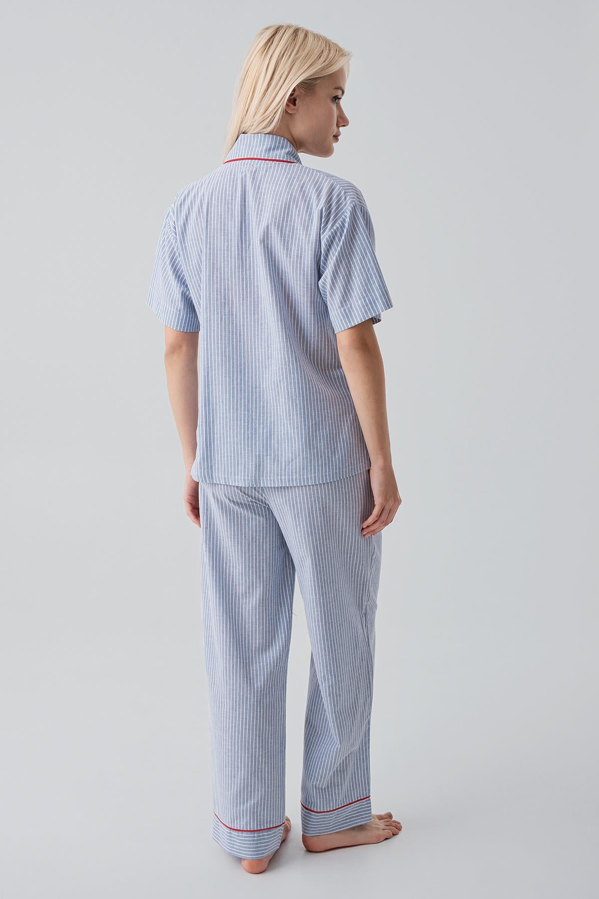 Kısa Kollu Düğmeli Çizgili Dokuma %100 Pamuk Pijama Takım 19208