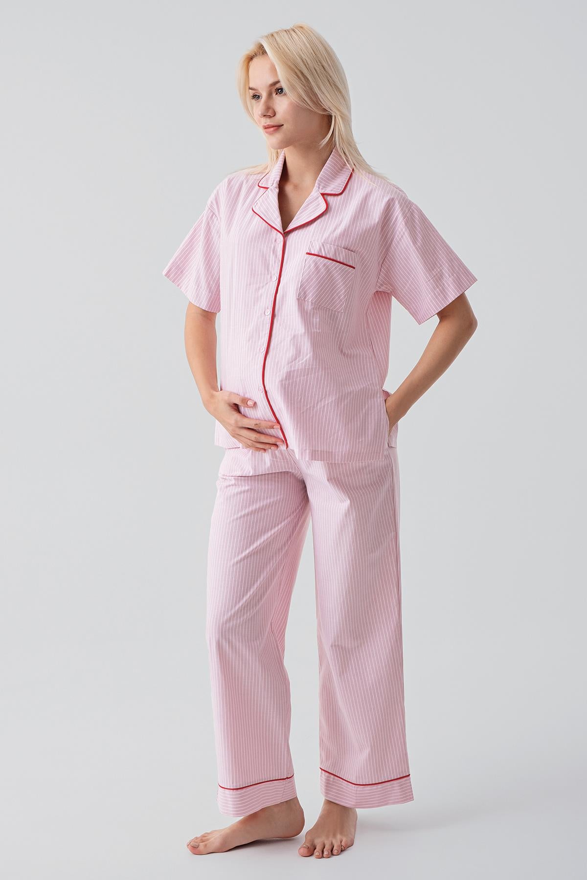 Kısa Kollu Düğmeli Çizgili Dokuma %100 Pamuk Pijama Takım 19208