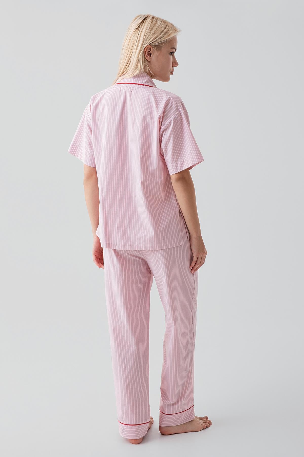 Kısa Kollu Düğmeli Çizgili Dokuma %100 Pamuk Pijama Takım 19208