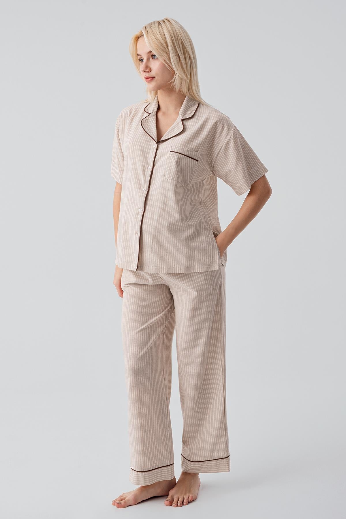 Kısa Kollu Düğmeli Çizgili Dokuma %100 Pamuk Pijama Takım 19208