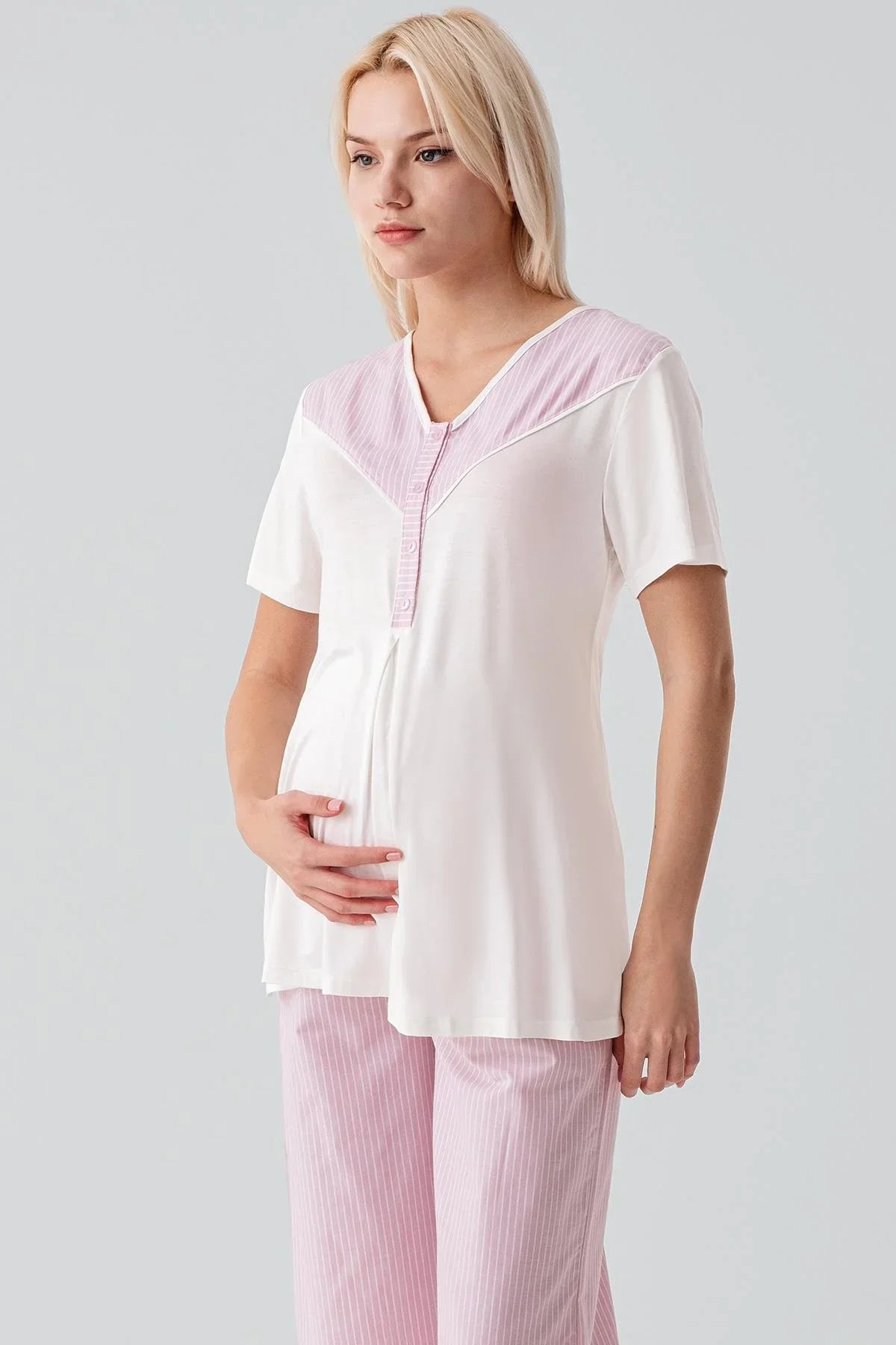 Kısa Kollu Çizgili Düğmeli Dokuma Pamuklu Esnek Viskoz Hamile Sabahlık Pijama Takım 19308