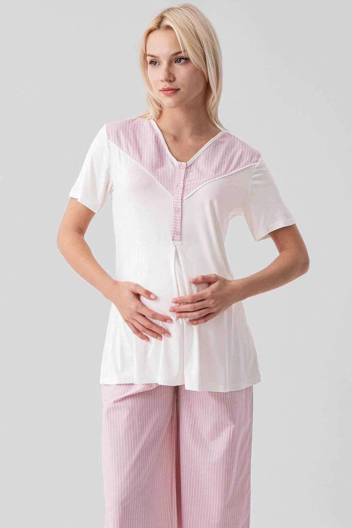 Kısa Kollu Çizgili Düğmeli Dokuma Pamuklu Esnek Viskoz Hamile Sabahlık Pijama Takım 19308