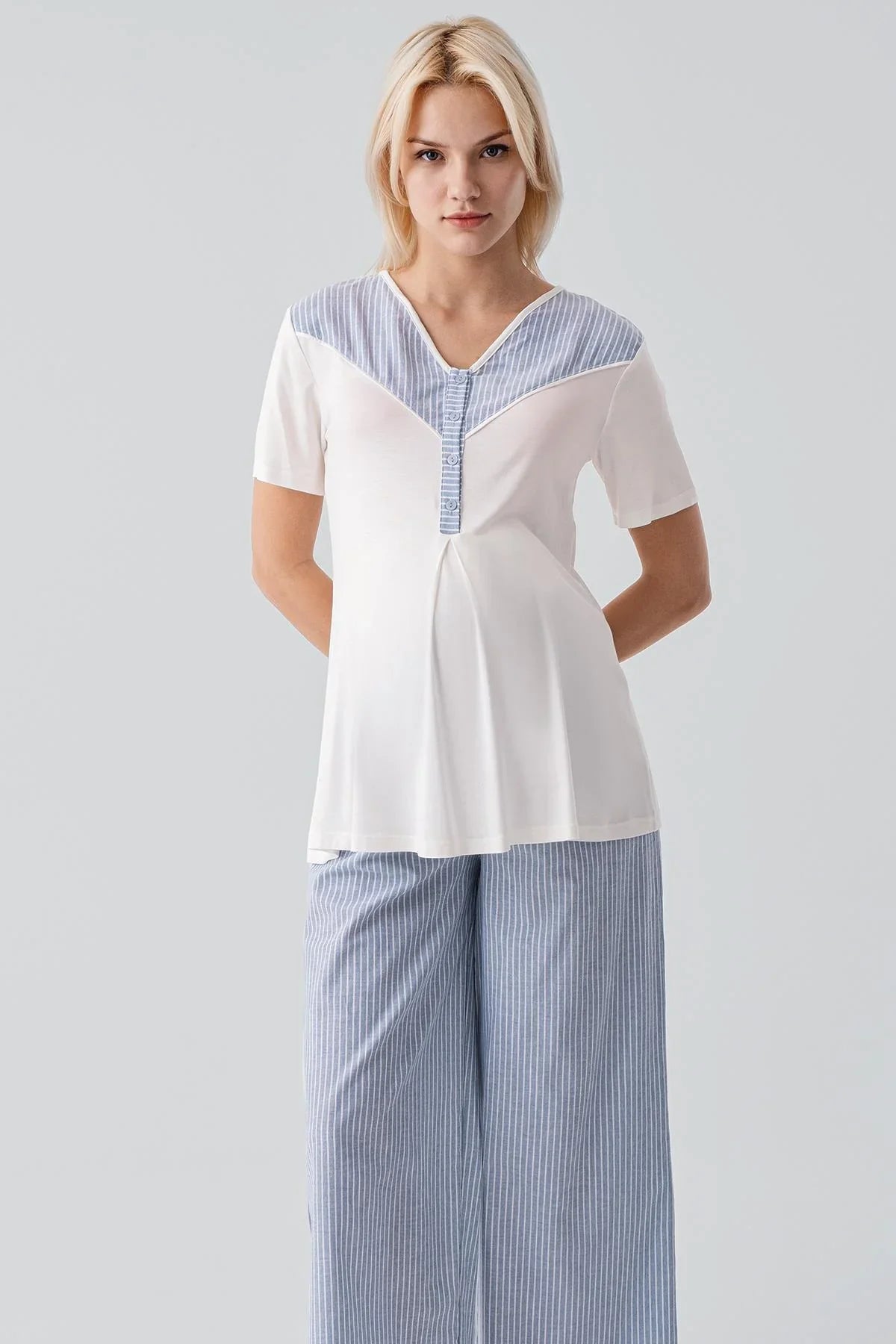 Kısa Kollu Çizgili Düğmeli Dokuma Pamuklu Esnek Viskoz Hamile Sabahlık Pijama Takım 19308