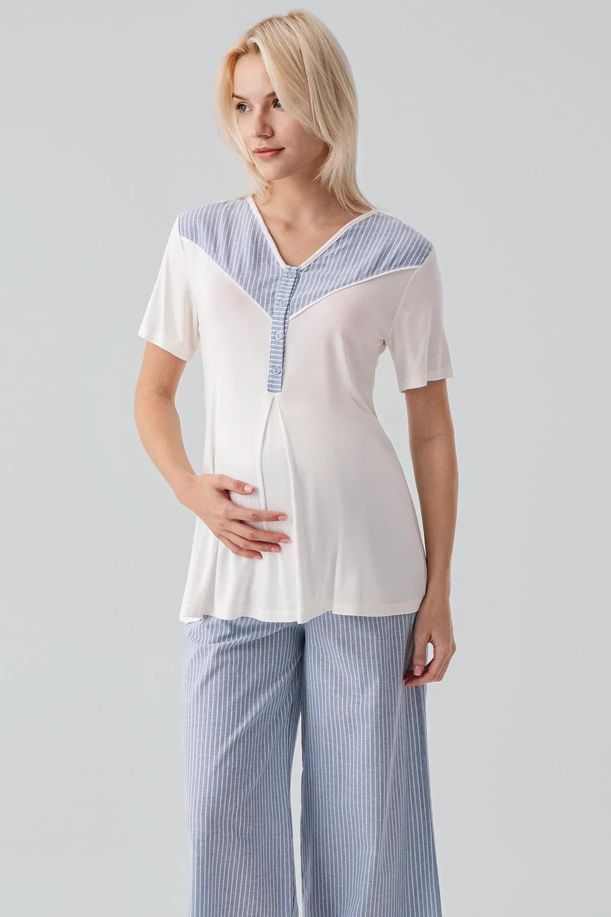Kısa Kollu Çizgili Düğmeli Dokuma Pamuklu Esnek Viskoz Hamile Sabahlık Pijama Takım 19308