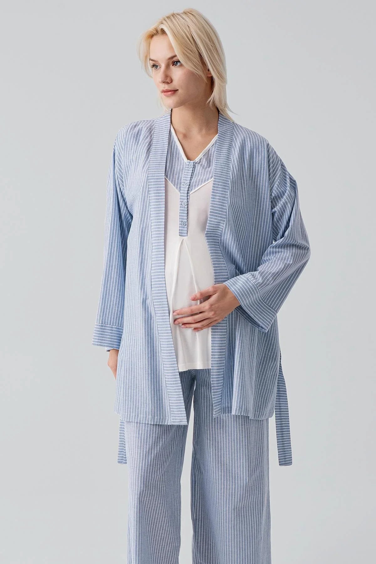 Kısa Kollu Çizgili Düğmeli Dokuma Pamuklu Esnek Viskoz Hamile Sabahlık Pijama Takım 19308