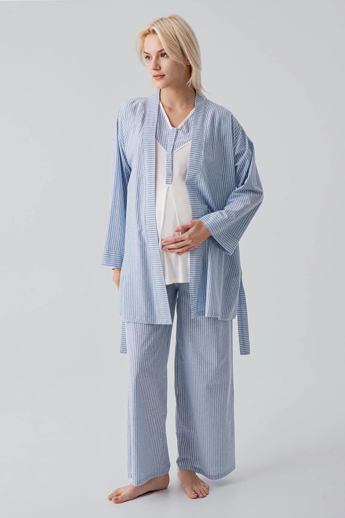Kısa Kollu Çizgili Düğmeli Dokuma Pamuklu Esnek Viskoz Hamile Sabahlık Pijama Takım 19308
