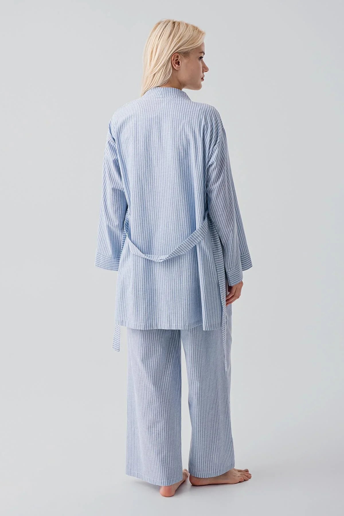 Kısa Kollu Çizgili Düğmeli Dokuma Pamuklu Esnek Viskoz Hamile Sabahlık Pijama Takım 19308