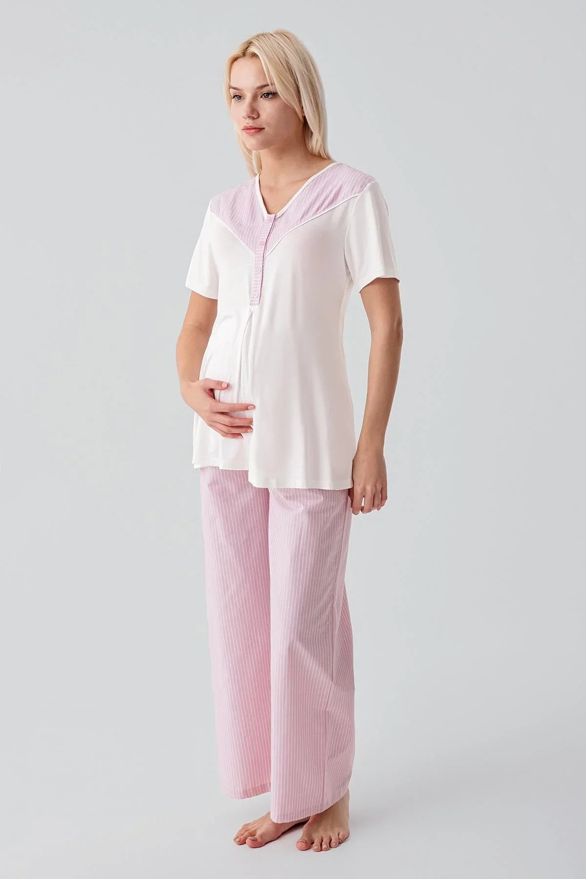 Kısa Kollu Çizgili Düğmeli Dokuma Pamuklu Esnek Viskoz Hamile Sabahlık Pijama Takım 19308