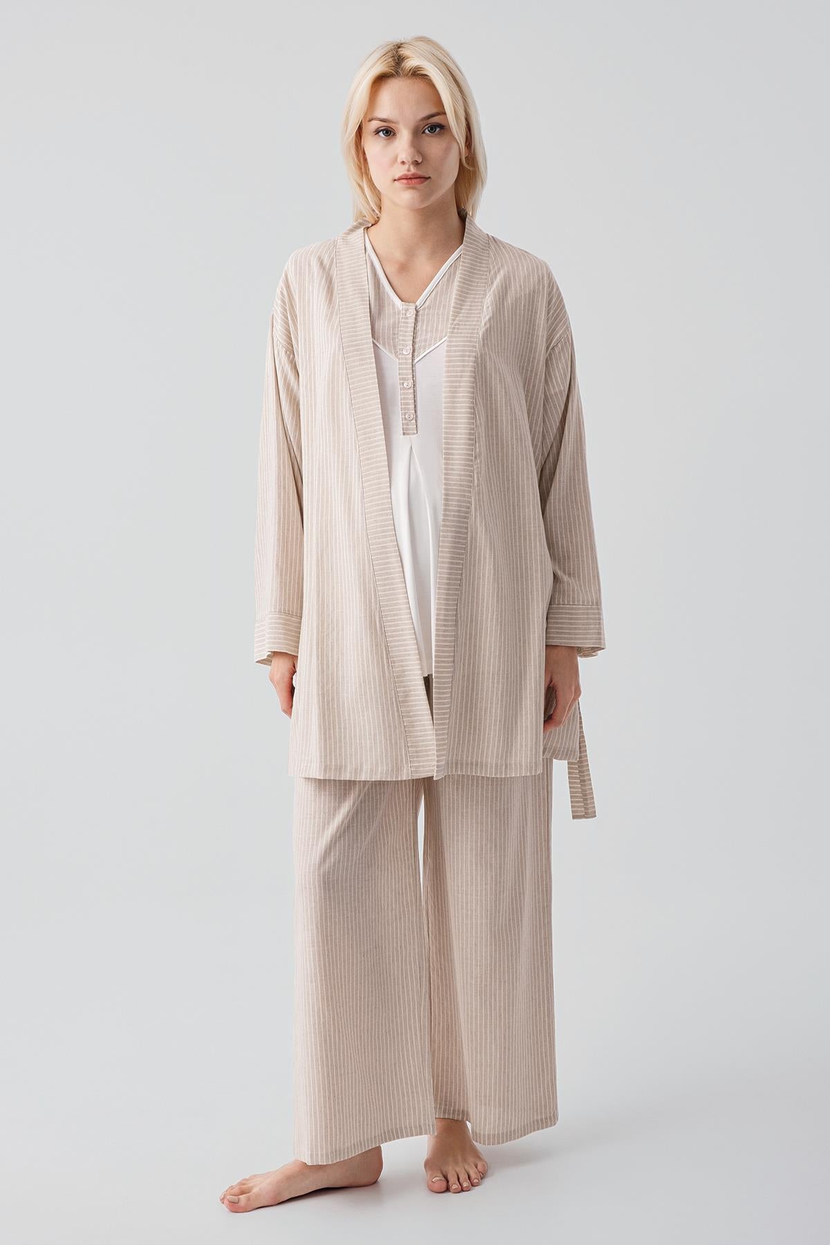 Kısa Kollu Çizgili Düğmeli Dokuma Pamuklu Esnek Viskoz Hamile Sabahlık Pijama Takım 19308