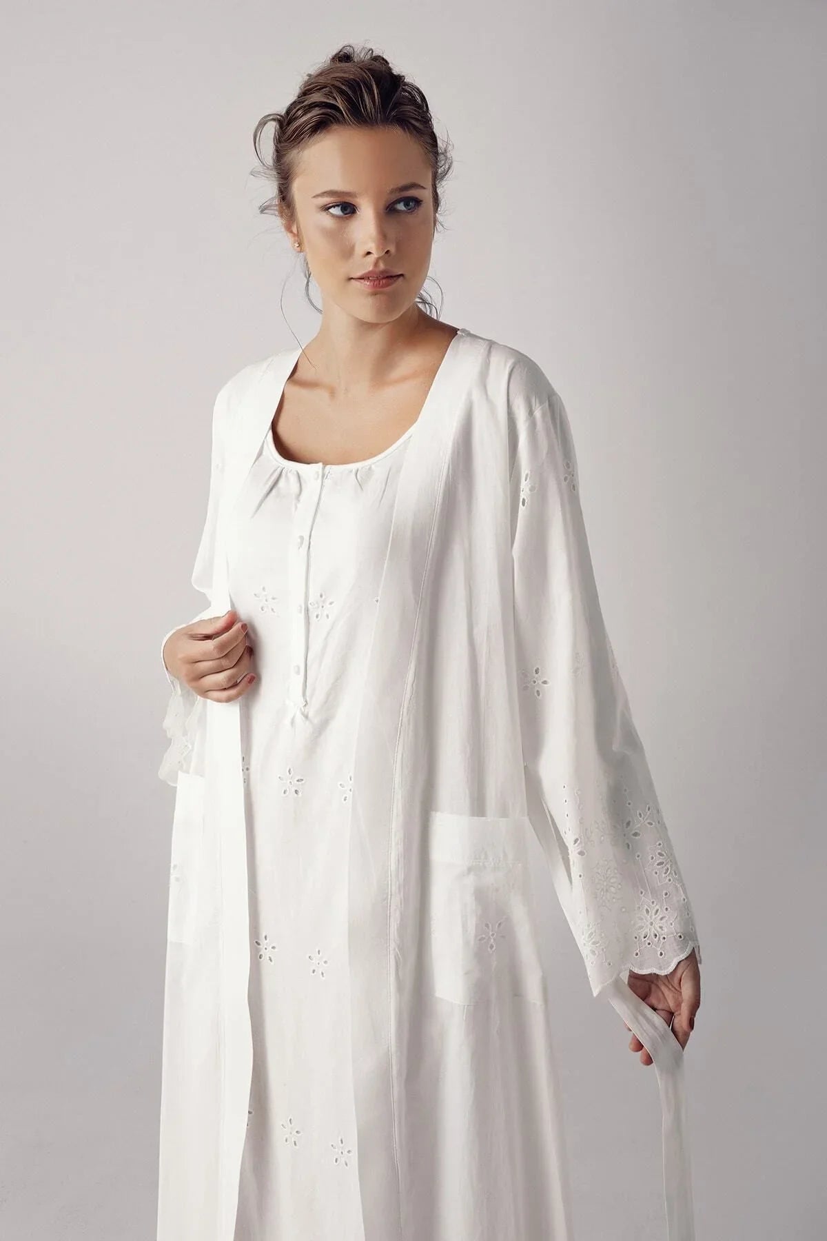 Dokuma Pamuklu Uzun Kol Hamile Dokuma Gecelik Sabahlık Takım 11401