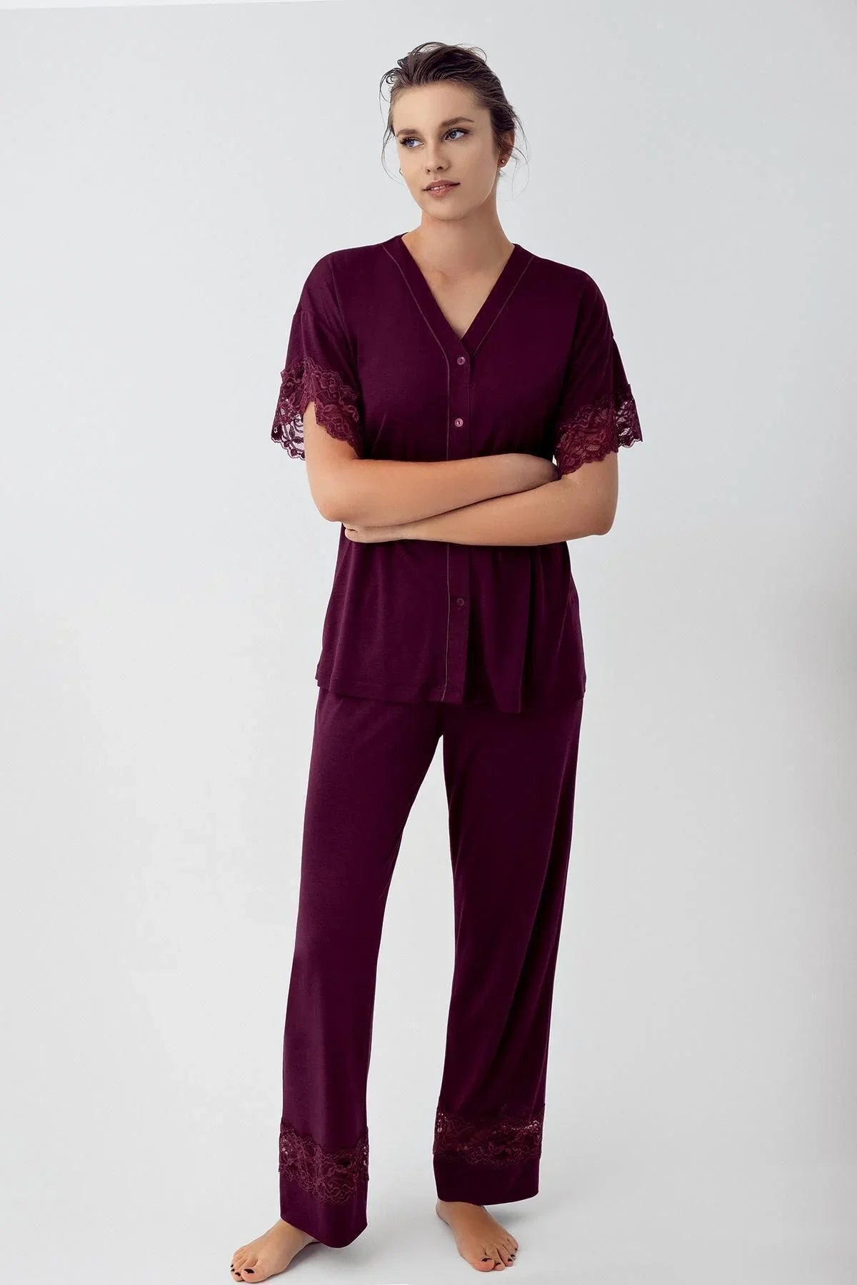Düğmeli Dantelli Kısa Kollu Esnek Viskoz Pijama Takımı 16211 - Artış Collection