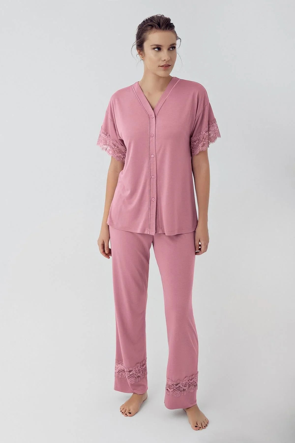 Düğmeli Dantelli Kısa Kollu Esnek Viskoz Pijama Takımı 16211 - Artış Collection