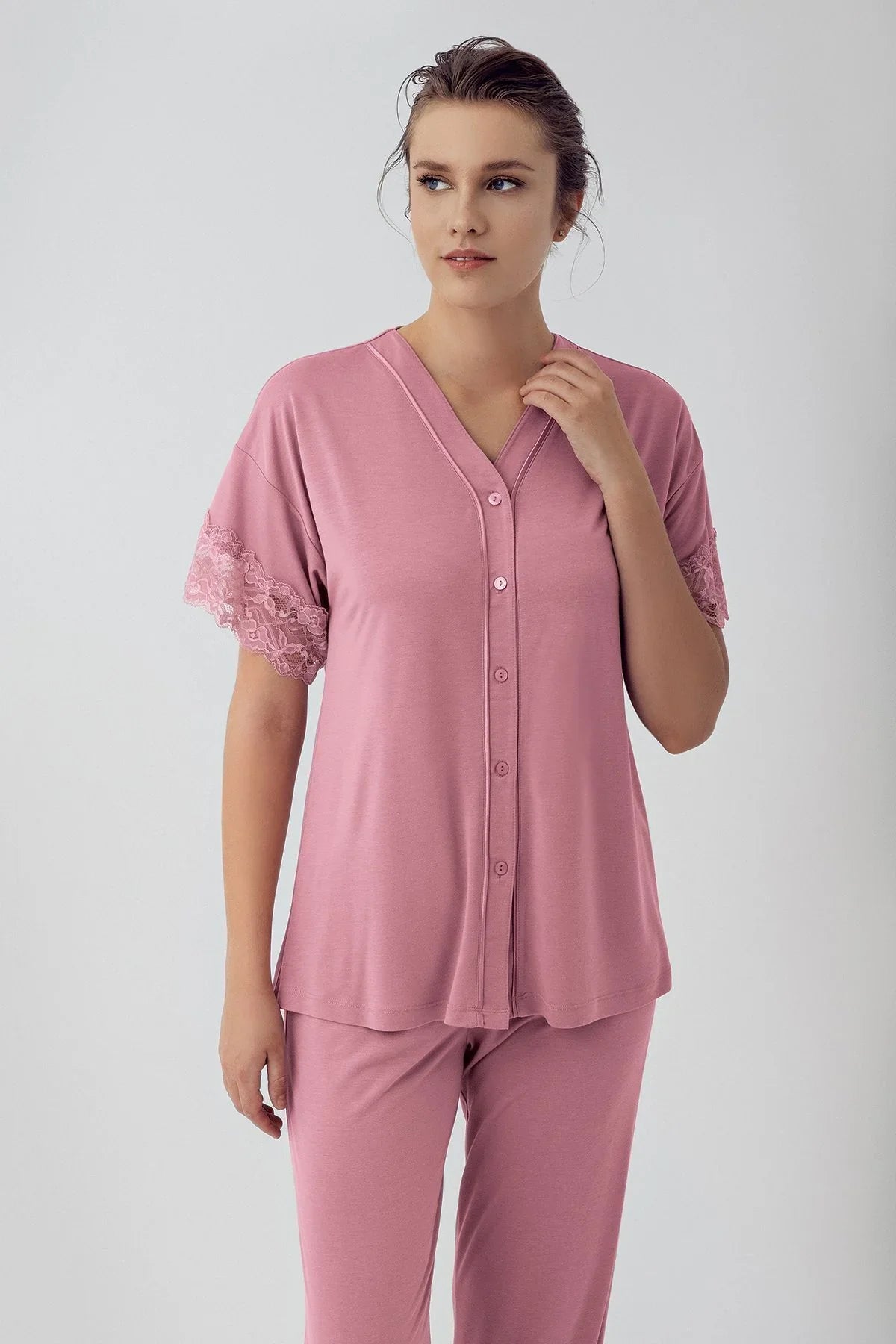 Düğmeli Dantelli Kısa Kollu Esnek Viskoz Pijama Takımı 16211 - Artış Collection