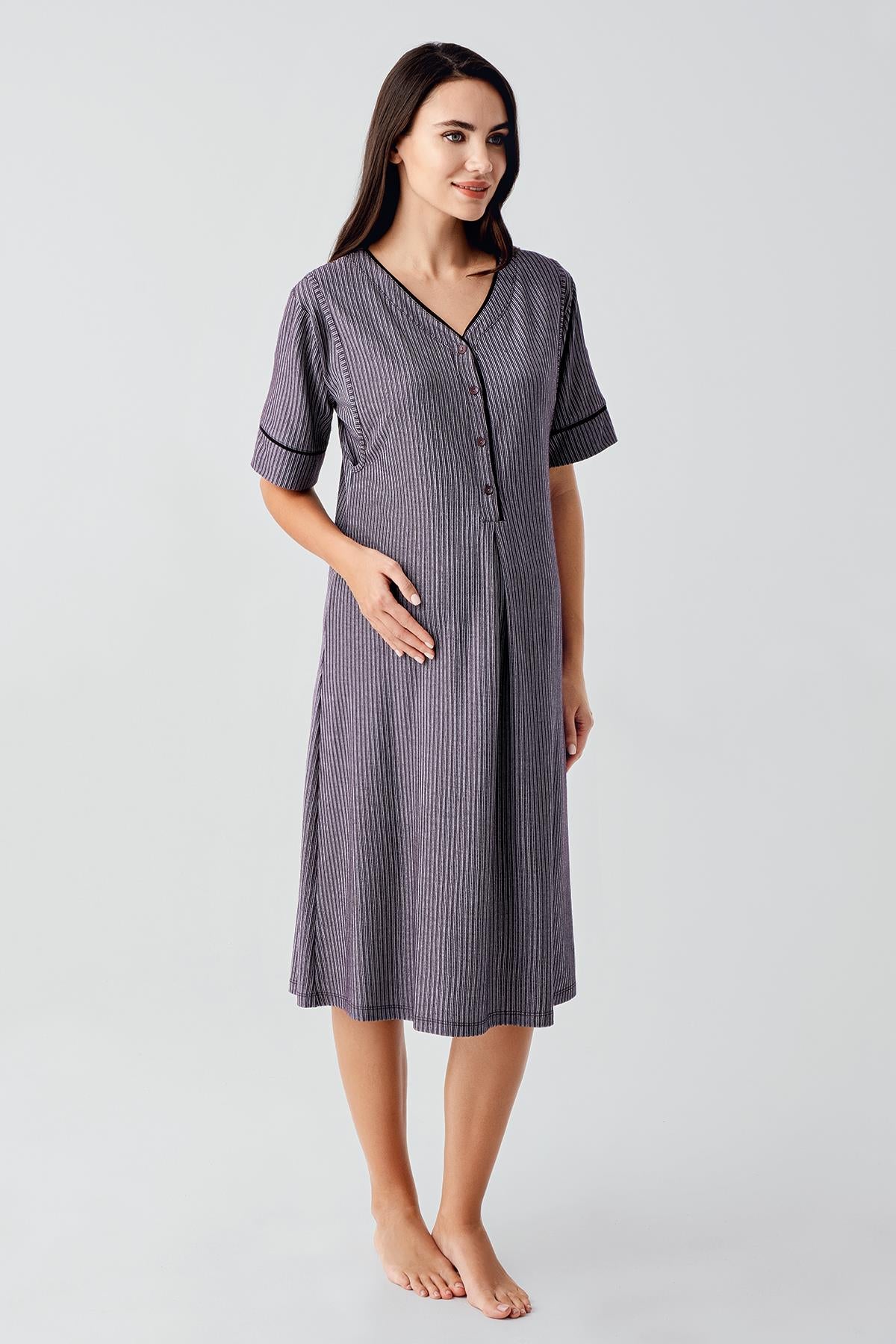 Buttoned Short Sleeved Flexible Viscose Maternity Nightgown 14128