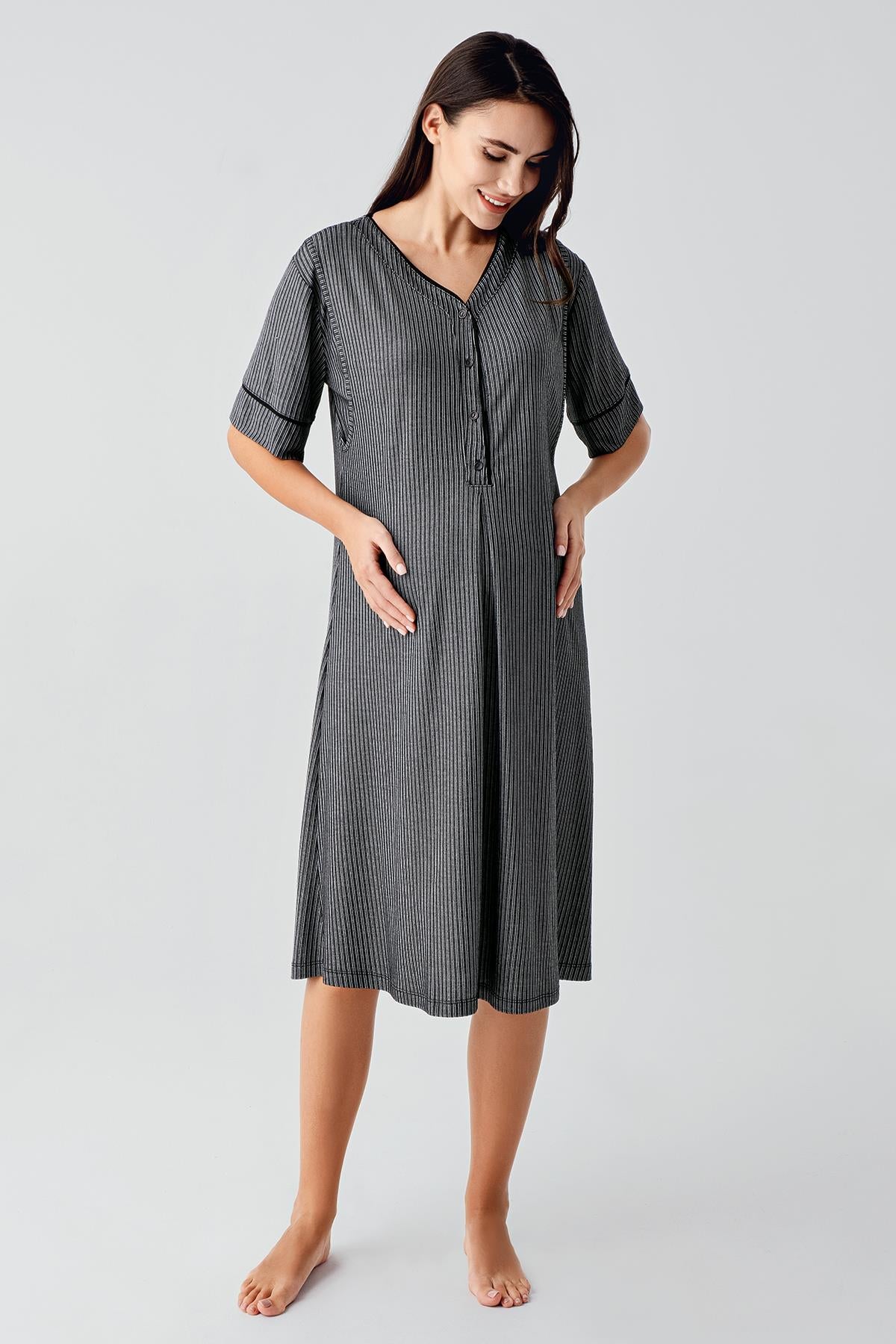 Buttoned Short Sleeved Flexible Viscose Maternity Nightgown 14128