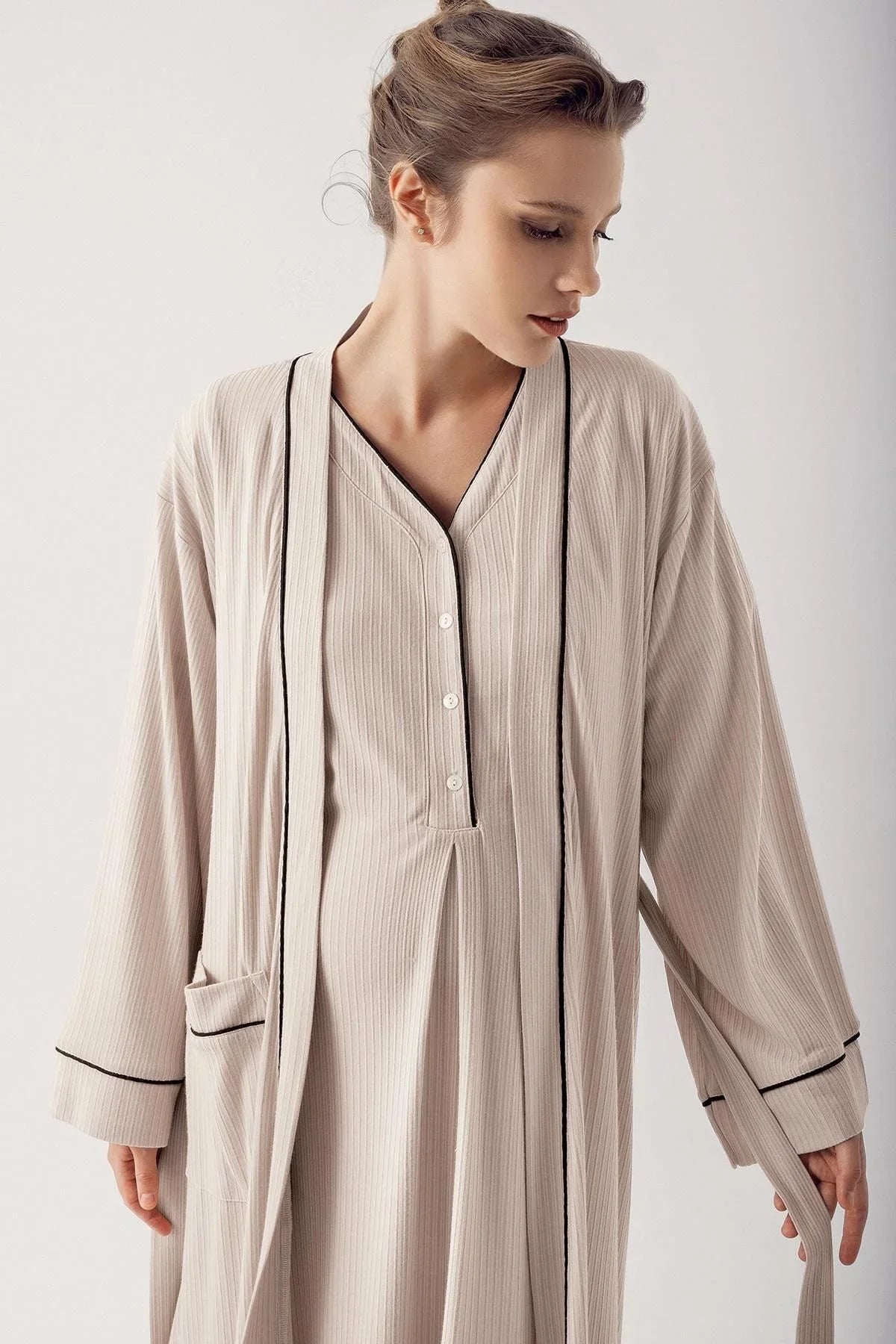 Düğmeli Kısa Kollu Esnek Viskoz Hamile Gecelik Sabahlık Takım 14406