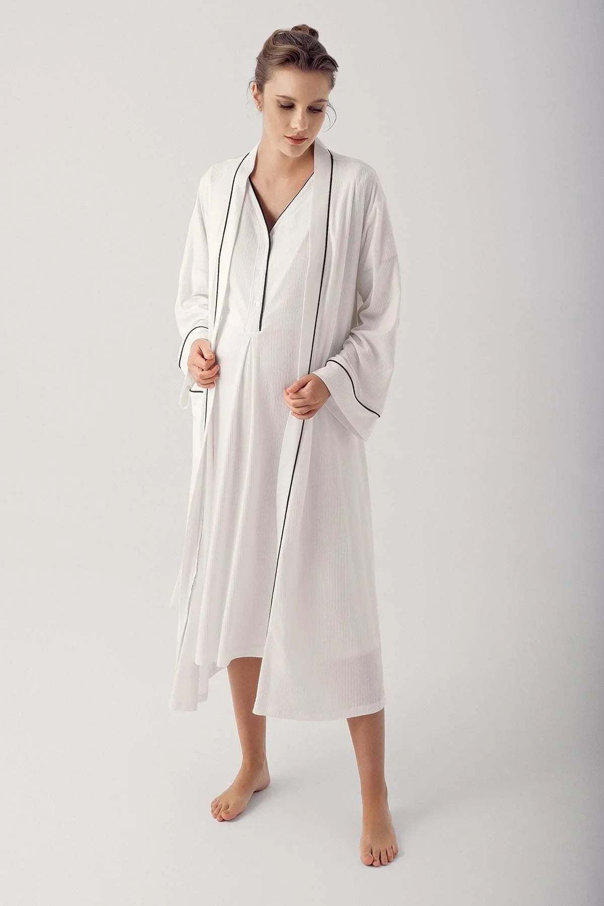 Düğmeli Kısa Kollu Esnek Viskoz Hamile Gecelik Sabahlık Takım 14406