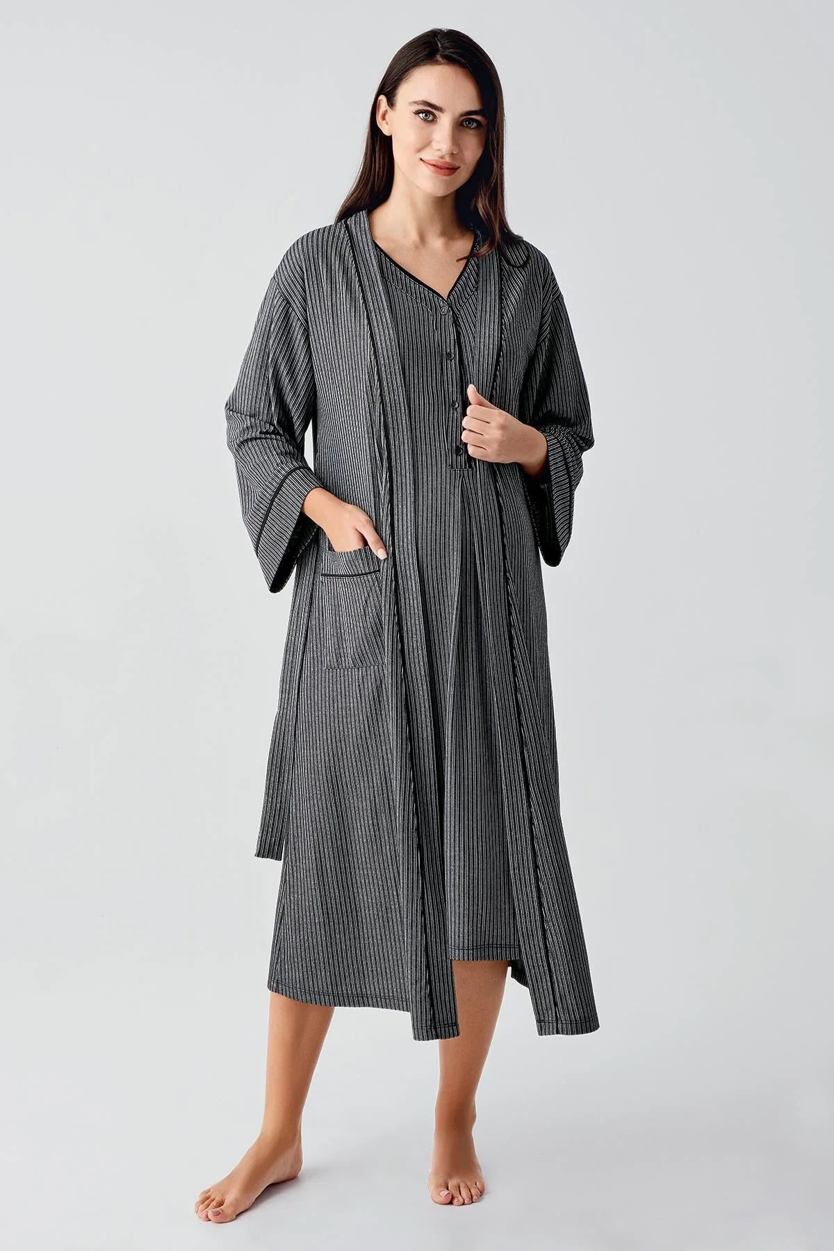 Düğmeli Kısa Kollu Esnek Viskoz Hamile Gecelik Sabahlık Takım 14406