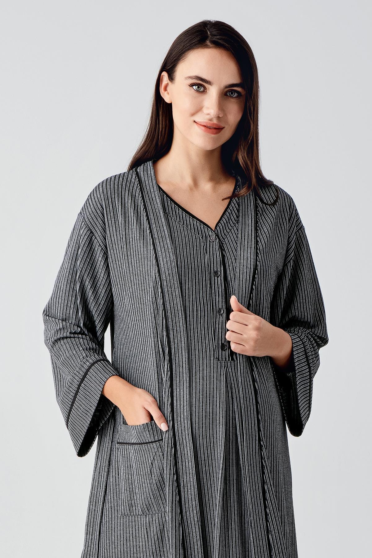 Düğmeli Kısa Kollu Esnek Viskoz Hamile Gecelik Sabahlık Takım 14406