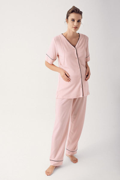 Düğmeli Kısa Kollu Esnek Viskoz Hamile Pijama Takımı 14209