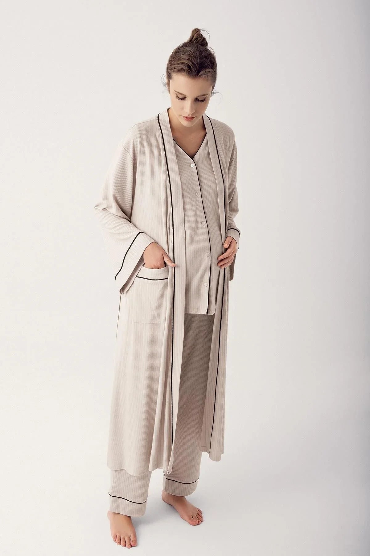 Düğmeli Kısa Kollu Esnek Viskoz Hamile Sabahlık Pijama Takımı 14306