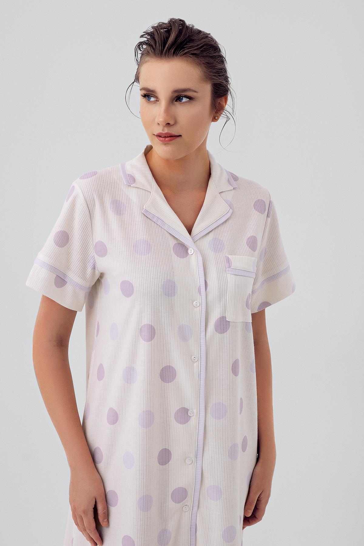 Buttoned Polka Dot Short Sleeved Flexible Viscose Nightgown 16100