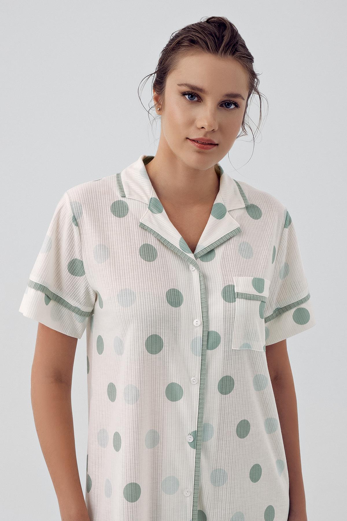 Buttoned Polka Dot Short Sleeved Flexible Viscose Nightgown 16100