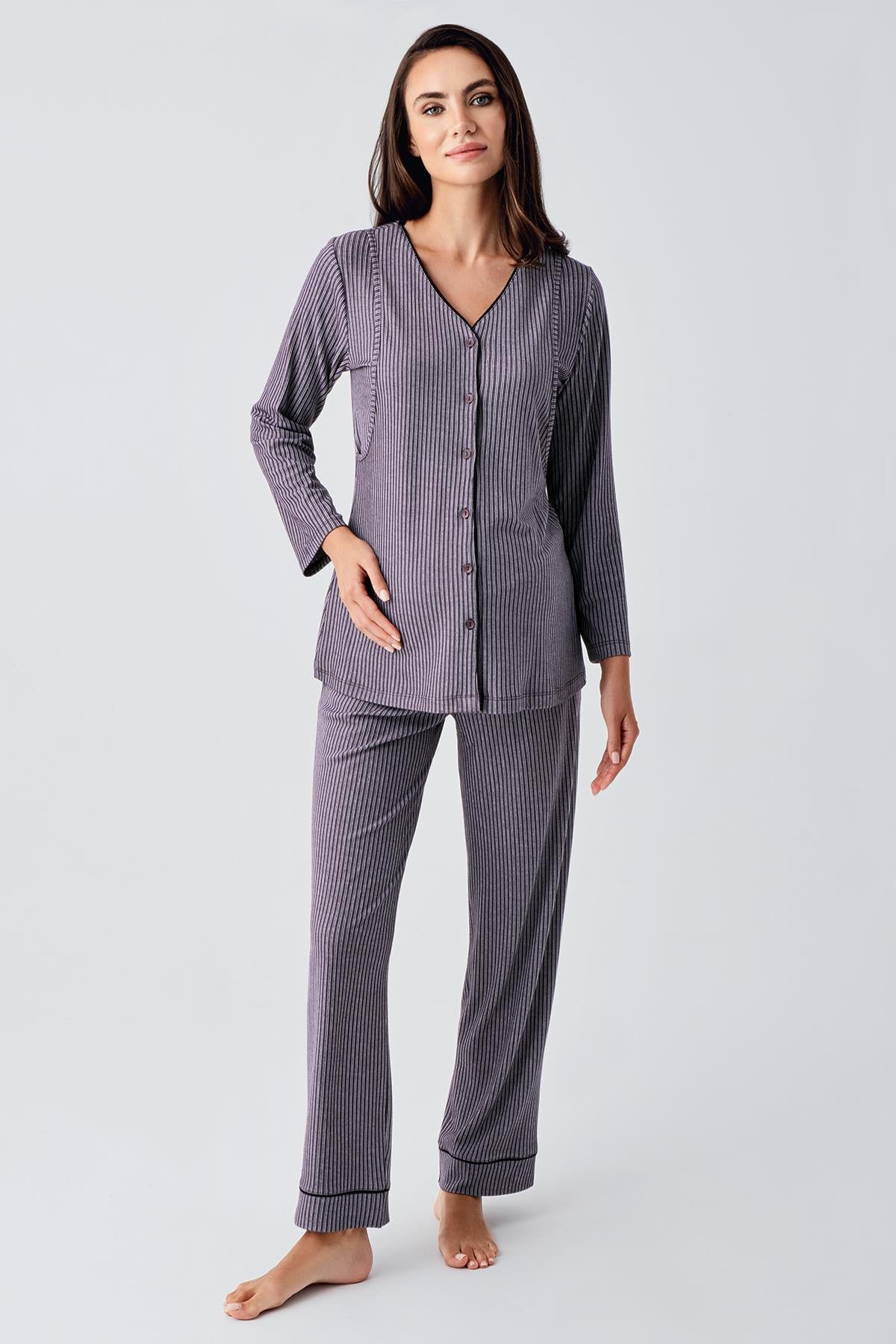 Buttoned Long Sleeve Flexible Viscose Maternity Pajama Set 15207