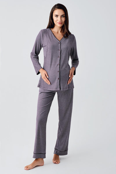 Buttoned Long Sleeve Flexible Viscose Maternity Pajama Set 15207