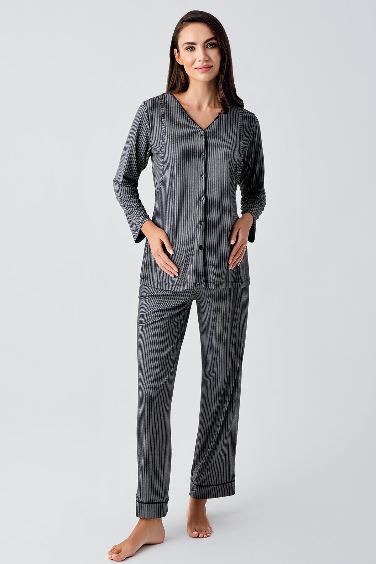 Buttoned Long Sleeve Flexible Viscose Maternity Pajama Set 15207