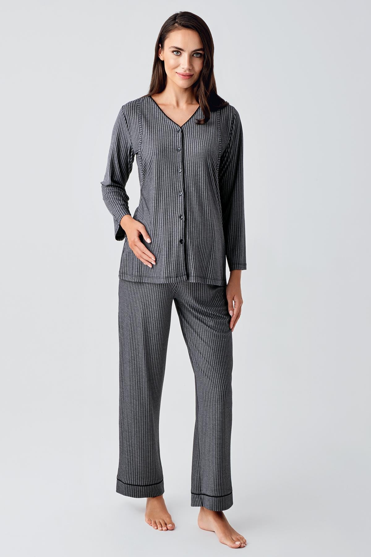 Buttoned Long Sleeve Flexible Viscose Maternity Pajama Set 15207