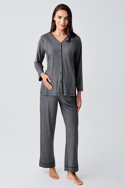 Buttoned Long Sleeve Flexible Viscose Maternity Pajama Set 15207