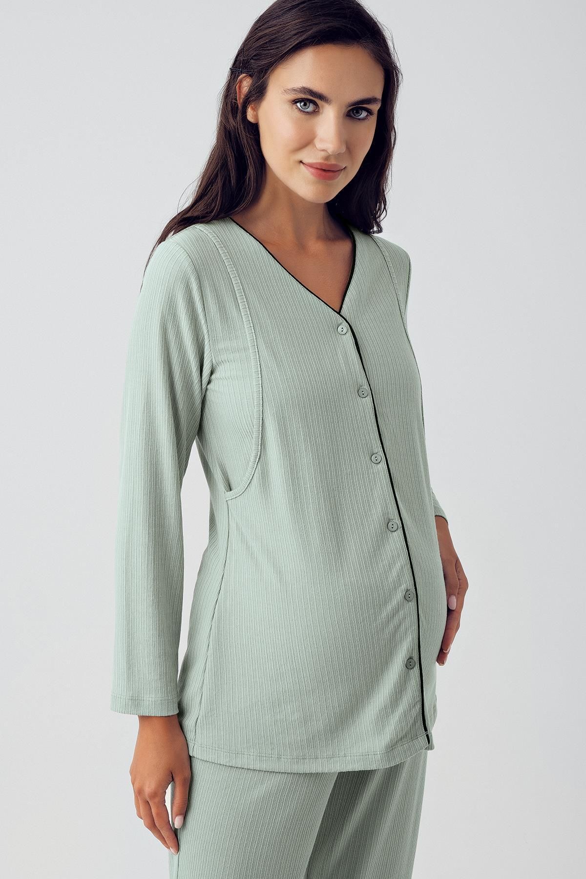 Düğmeli Uzun Kollu Esnek Viskoz Hamile Pijama Takımı 15207