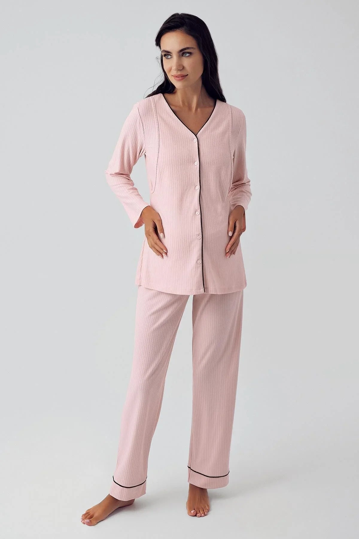 Düğmeli Uzun Kollu Esnek Viskoz Hamile Pijama Takımı 15207