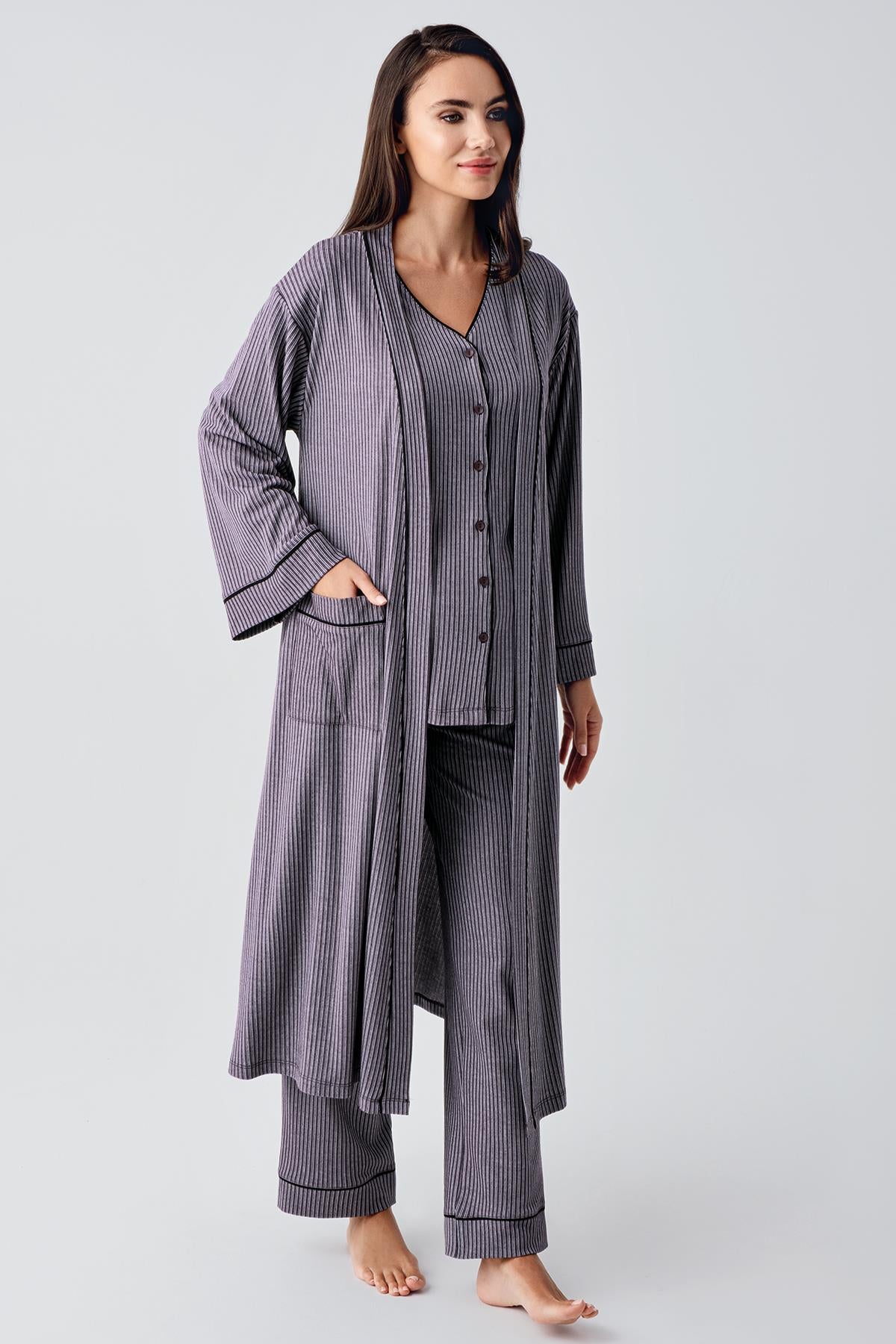 Buttoned Long Sleeve Flexible Viscose Maternity Dressing Gown Pajama Set 15307