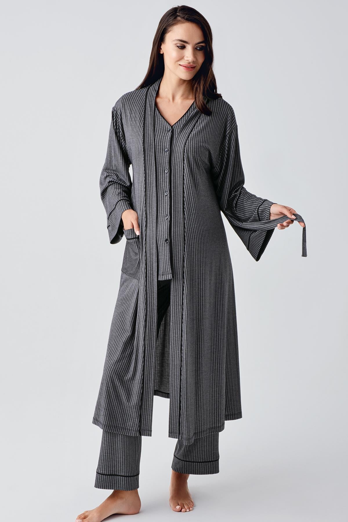 Buttoned Long Sleeve Flexible Viscose Maternity Dressing Gown Pajama Set 15307