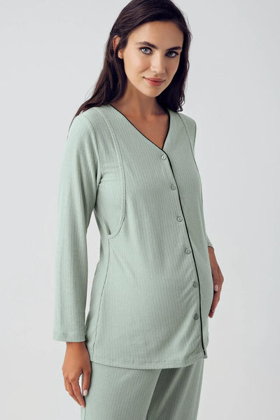 Düğmeli Uzun Kollu Esnek Viskoz Hamile Sabahlık Pijama Takımı 15307