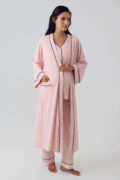 Düğmeli Uzun Kollu Esnek Viskoz Hamile Sabahlık Pijama Takımı 15307