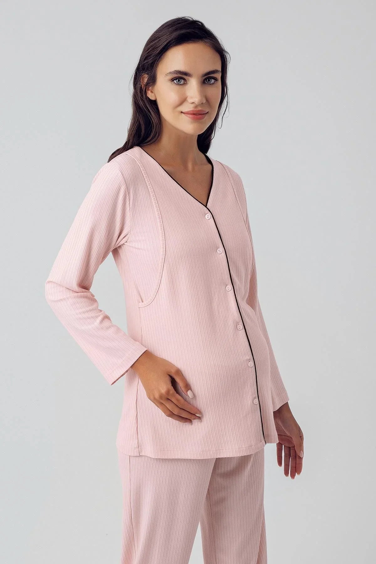 Düğmeli Uzun Kollu Esnek Viskoz Hamile Sabahlık Pijama Takımı 15307