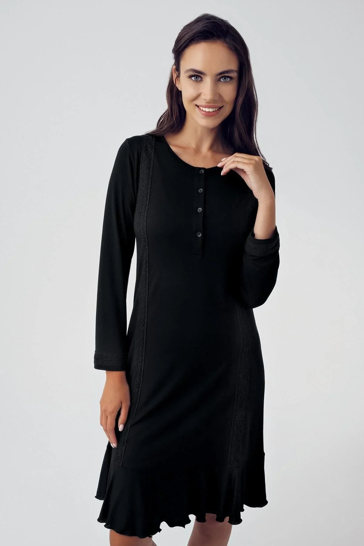 Düğmeli Uzun Kollu Esnek Viskoz Kısa Gecelik 15116