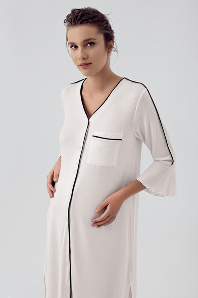 Buttoned Long Sleeve Short Flexible Viscose Maternity Nightgown 16107