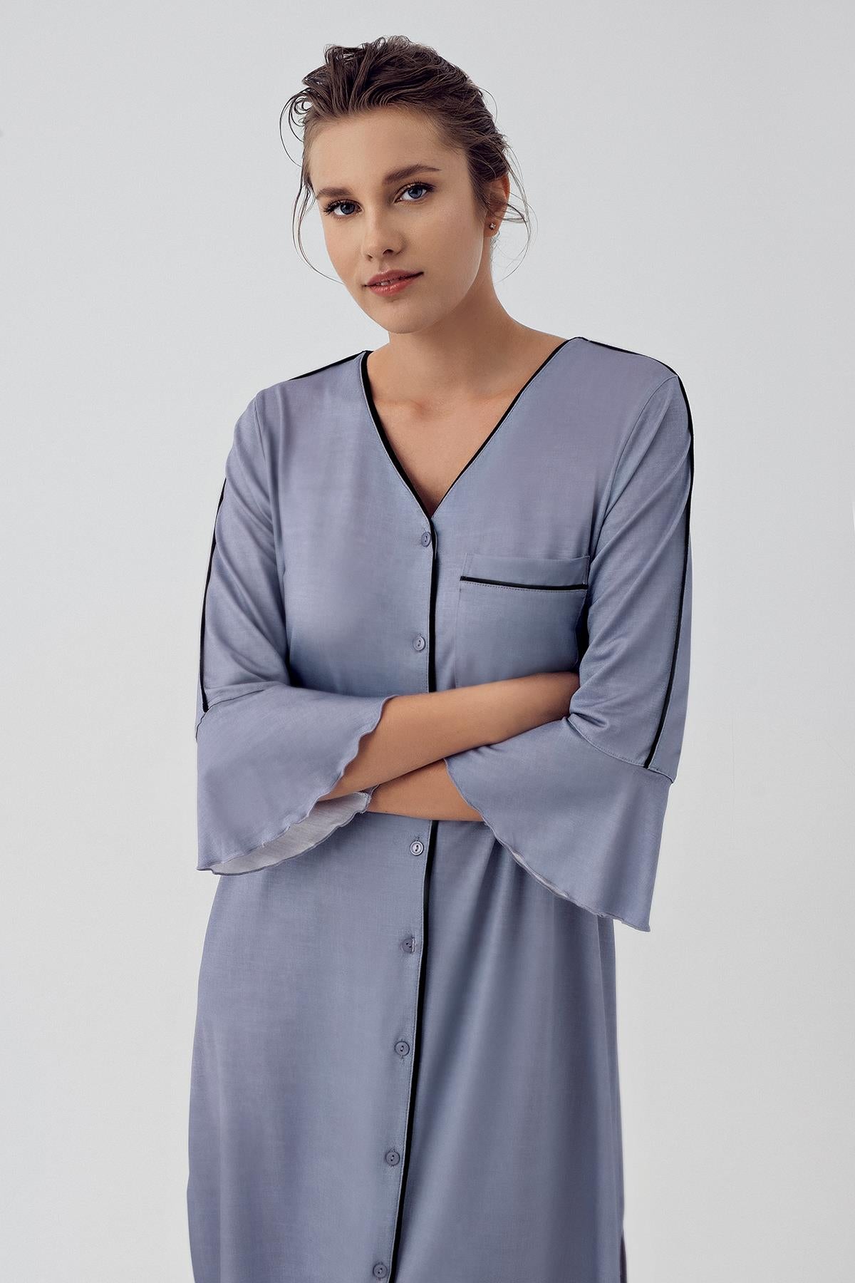 Buttoned Long Sleeve Short Flexible Viscose Maternity Nightgown 16107