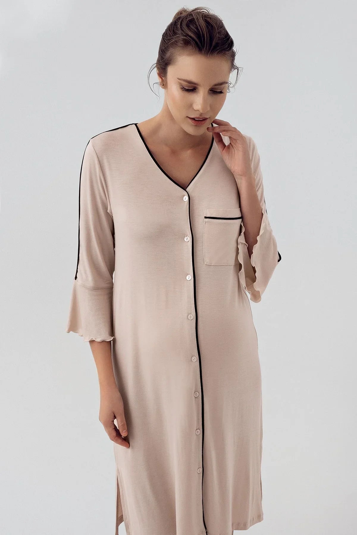 Düğmeli Uzun Kollu Kısa Esnek Viskoz Hamile Gecelik 16107