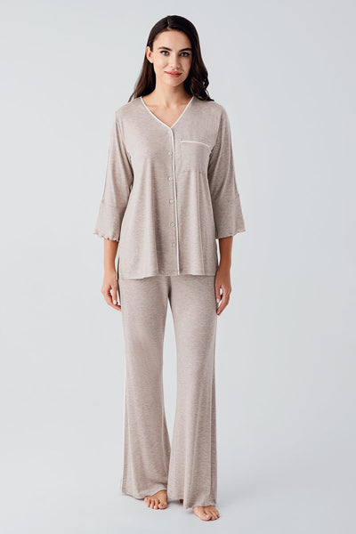 Buttoned Long Sleeve Short Flexible Viscose Maternity Pajama Set 16207