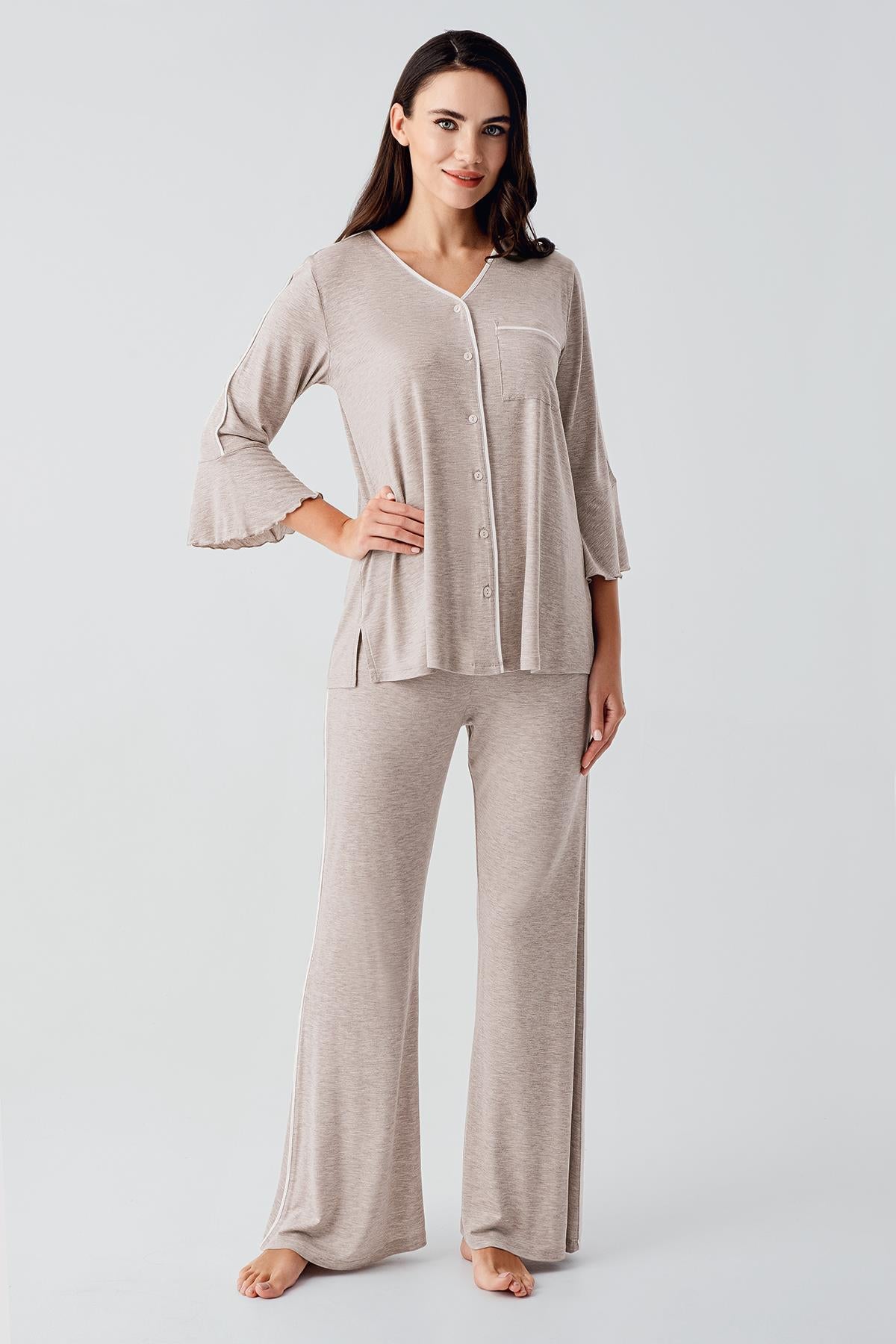 Buttoned Long Sleeve Short Flexible Viscose Maternity Pajama Set 16207