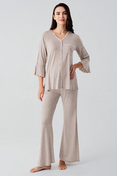 Buttoned Long Sleeve Short Flexible Viscose Maternity Pajama Set 16207